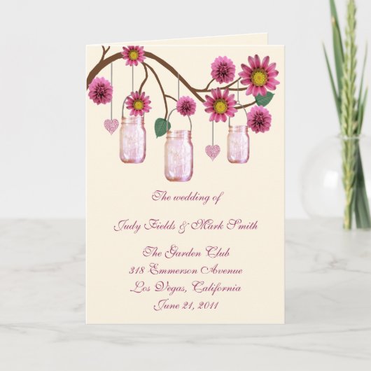 Carte de programme Mason Jars Fleurs Roses (Devant)