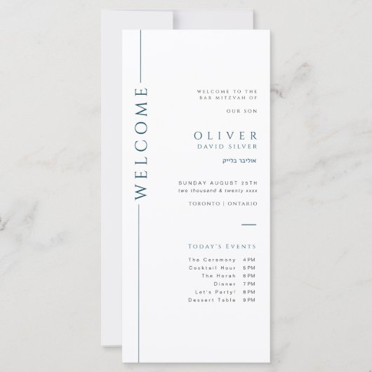 Carte de programme moderne Blue Bar Mitzvah Timeli (Devant)