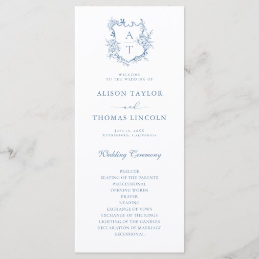 Carte de programme Monogram Crest Vibrant Blue Wed (Devant)