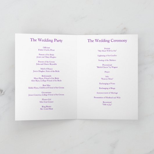 Carte de programme pourpre de mariage d'orchidée (Intérieur)