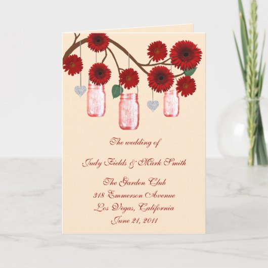 Carte de programme Red Flowers Mason Jars (Devant)