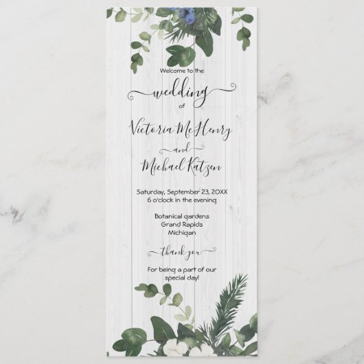 Carte de programme Rustique White Wood Floral & Pi (Devant)