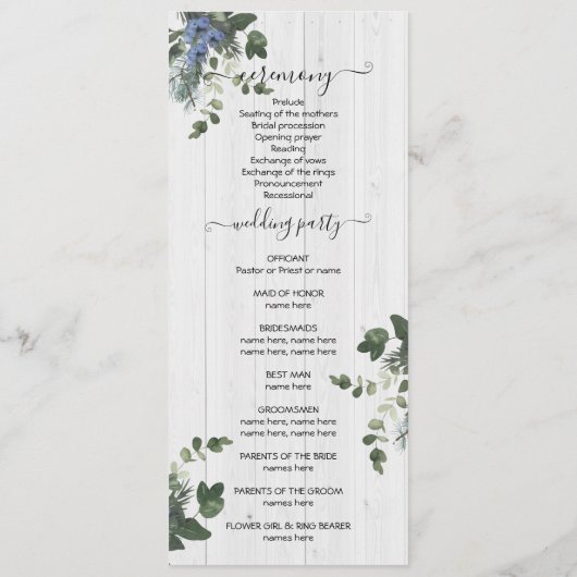 Carte de programme Rustique White Wood Floral & Pi (Dos)