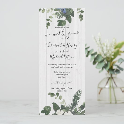 Carte de programme Rustique White Wood Floral & Pi (Debout devant)