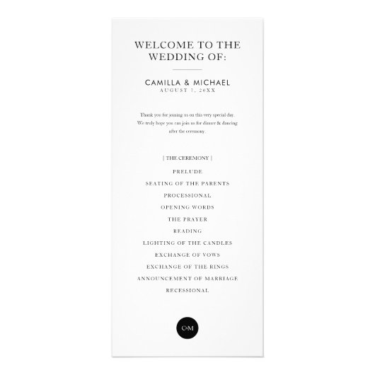 Carte de programme verticale Mariage simple modern (Devant)