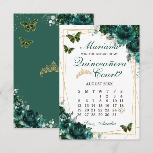 Carte de proposition de cour de Quinceanera vert é (Devant / Derrière)