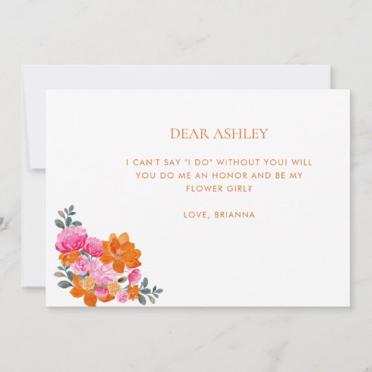 Carte de proposition de fille à fleurs rose et ora (Dos)