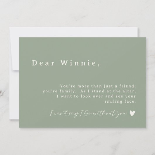 Carte de proposition de fille de script vert Sage (Dos)