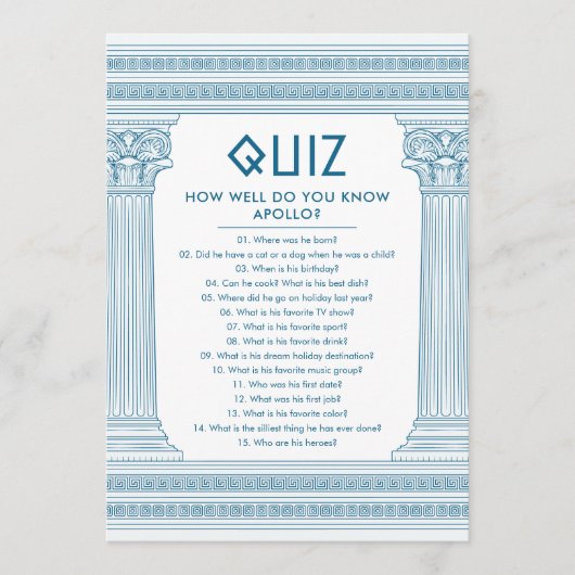 Carte de Quiz de Soirée Grecque (Devant)
