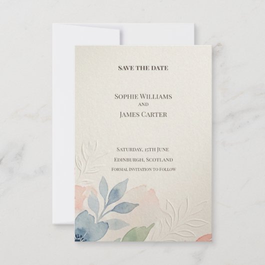 Carte de rappel de date de mariage botanique bleu (Devant)