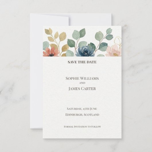 Carte de rappel de date de mariage florale à l'euc (Devant)