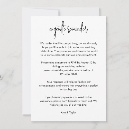 Carte de rappel de délai RSVP de script moderne (Devant)