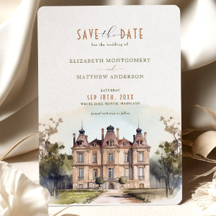 Carte de rappel de mariage à l'aquarelle de manoir