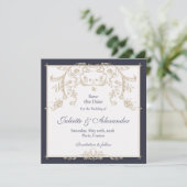 Carte de rappel de mariage baroque Navy (Debout devant)
