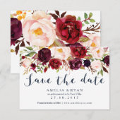 Carte de rappel de mariage florale bordeaux et mar (Devant / Derrière)