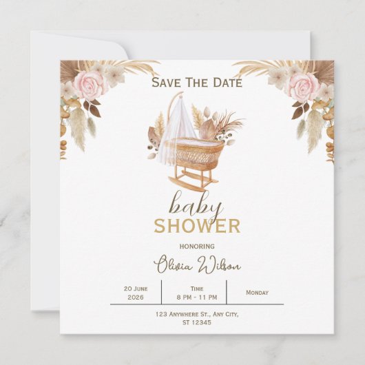 Carte de rappel pour baby shower à fleurs blanches (Devant)