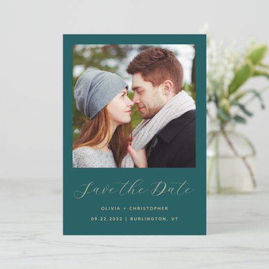 Carte de rappel teal bleu or script Code QR (Debout devant)