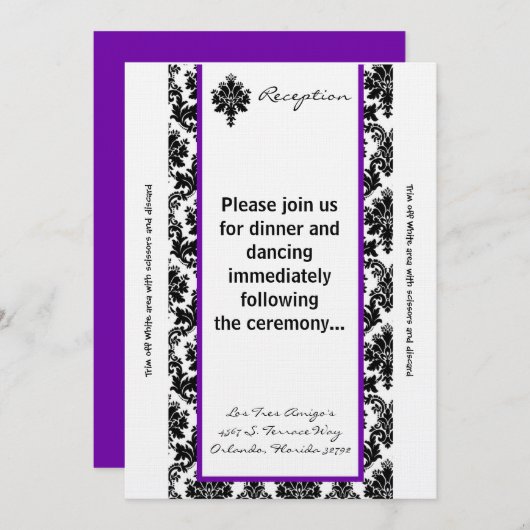 Carte de réception 3,5 x 7 noir Purée noire Damask (Devant / Derrière)