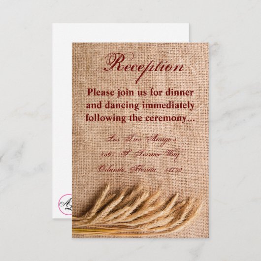 Carte de réception 3,5x5 Blé sur le sac Burlap (Devant / Derrière)