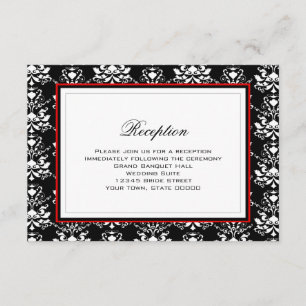 Carte de réception à accent rouge et damas noir et