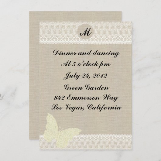 Carte de réception avec monogramme en toile de jut (Devant / Derrière)