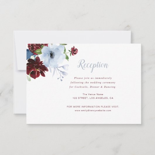 carte de réception burgundy florale bleu roux (Devant)