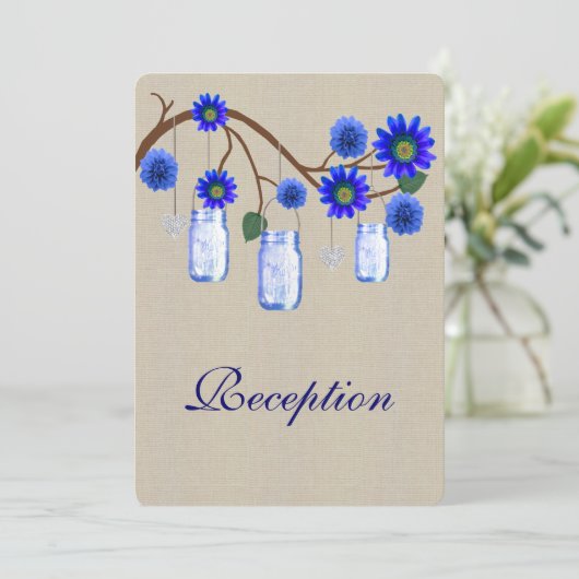 Carte de réception Burlap Rustique Blue Mason Jars (Debout devant)
