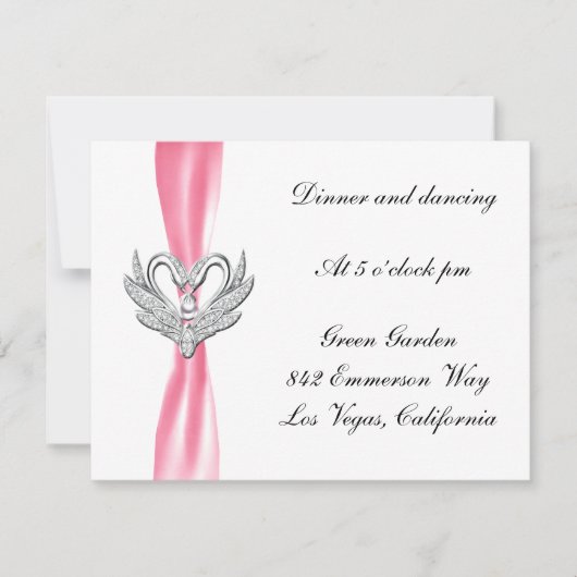 Carte de réception Cygnes Argent Ruban Rose (Devant)