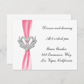 Carte de réception Cygnes Argent Ruban Rose (Devant / Derrière)