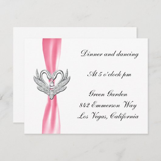 Carte de réception Cygnes Argent Ruban Rose (Devant / Derrière)