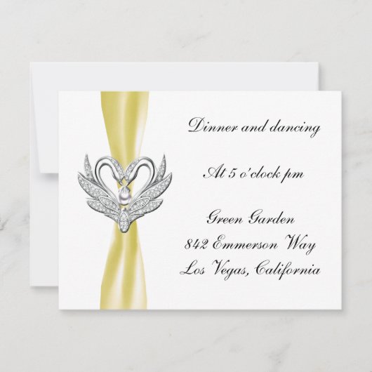 Carte de réception Cygnes argentés Ruban jaune (Devant)