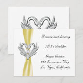 Carte de réception Cygnes argentés Ruban jaune (Devant / Derrière)