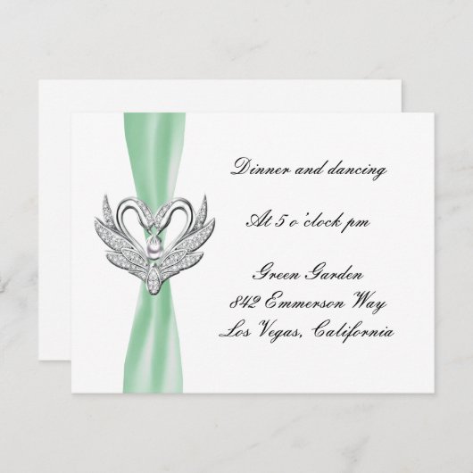 Carte de réception Cygnes argentés Ruban vert (Devant / Derrière)
