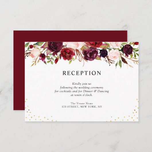 carte de réception de mariage à fleurs bordeaux (Devant / Derrière)