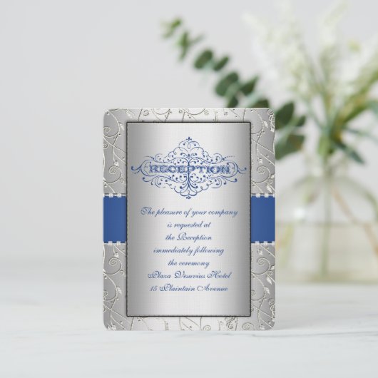 Carte de réception de mariage bleu et argent (Debout devant)