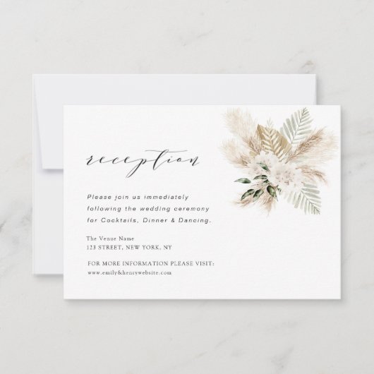 carte de réception de mariage boho moderne pampas  (Devant)
