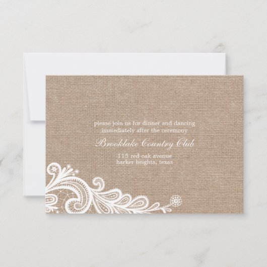 Carte de réception de mariage Burlap et dentelle (Devant)