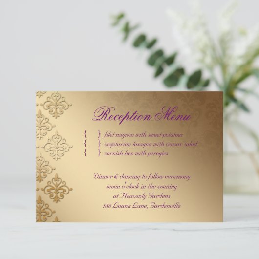 Carte de réception de mariage Damask indien violet (Debout devant)