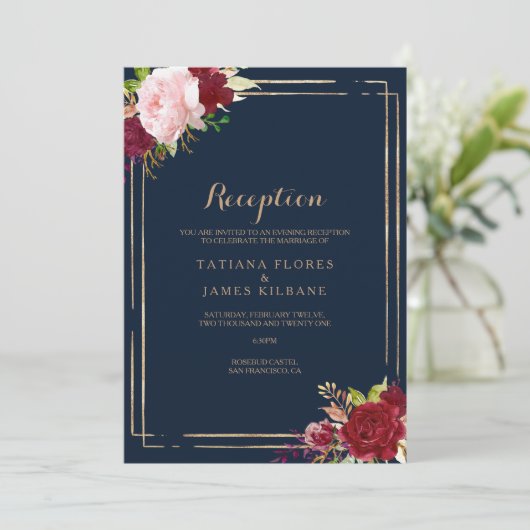 Carte de réception de mariage géométrique or et ro (Debout devant)