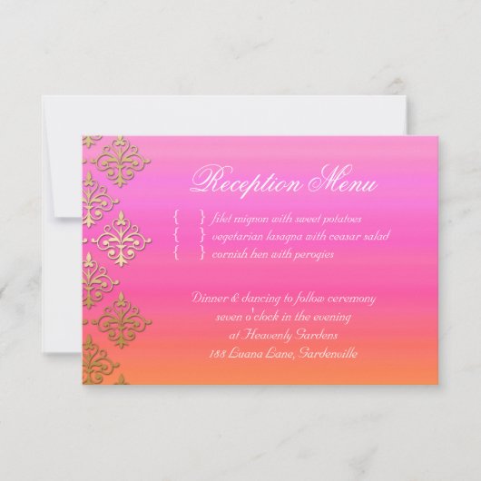Carte de réception de mariage Indien Damassé Rose (Devant)