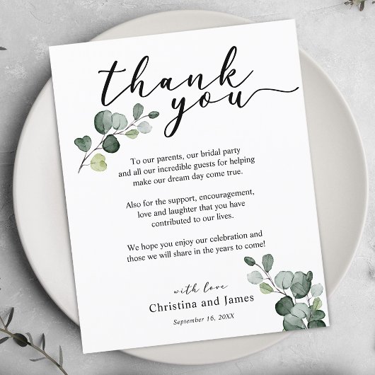 Carte de réception de mariage Merci Eucalyptus