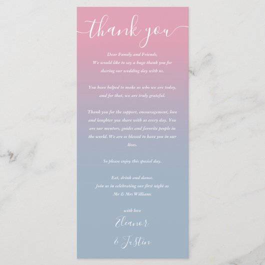 Carte de réception de mariage rose et bleu ombré (Devant)