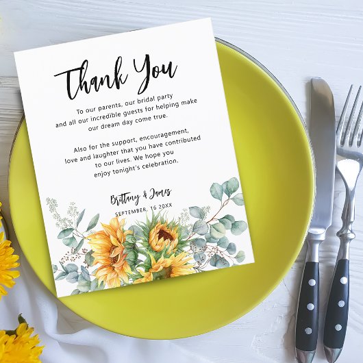 Carte de réception de mariage tournesol eucalyptus