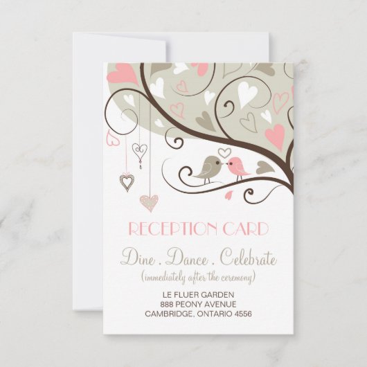 Carte de réception de mariage tourtereaux rose et  (Devant)