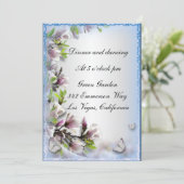 Carte de réception élégante aux fleurs violettes e (Debout devant)
