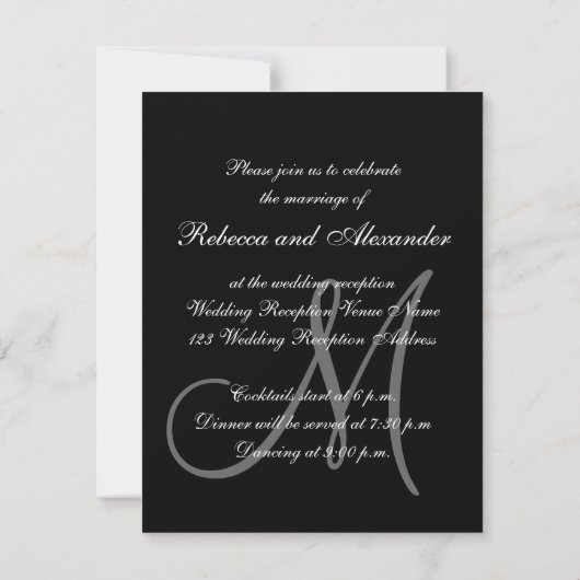 Carte de réception initiale de mariage simple noir (Dos)