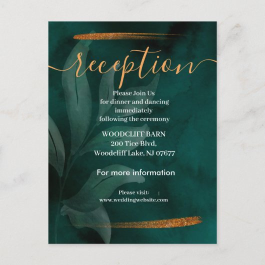 carte de réception moderne vert émeraude et feuill (Devant)