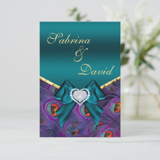 carte de réception paon prune sarcelle (Debout devant)