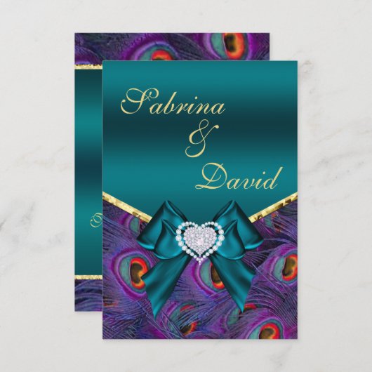 carte de réception paon prune sarcelle (Devant / Derrière)