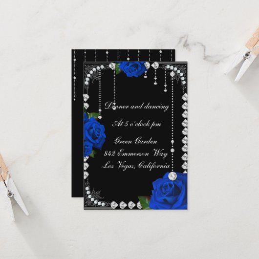 Carte De Réception Roses Et Diamants Bleus Romanti (Devant/Arrière en situation)